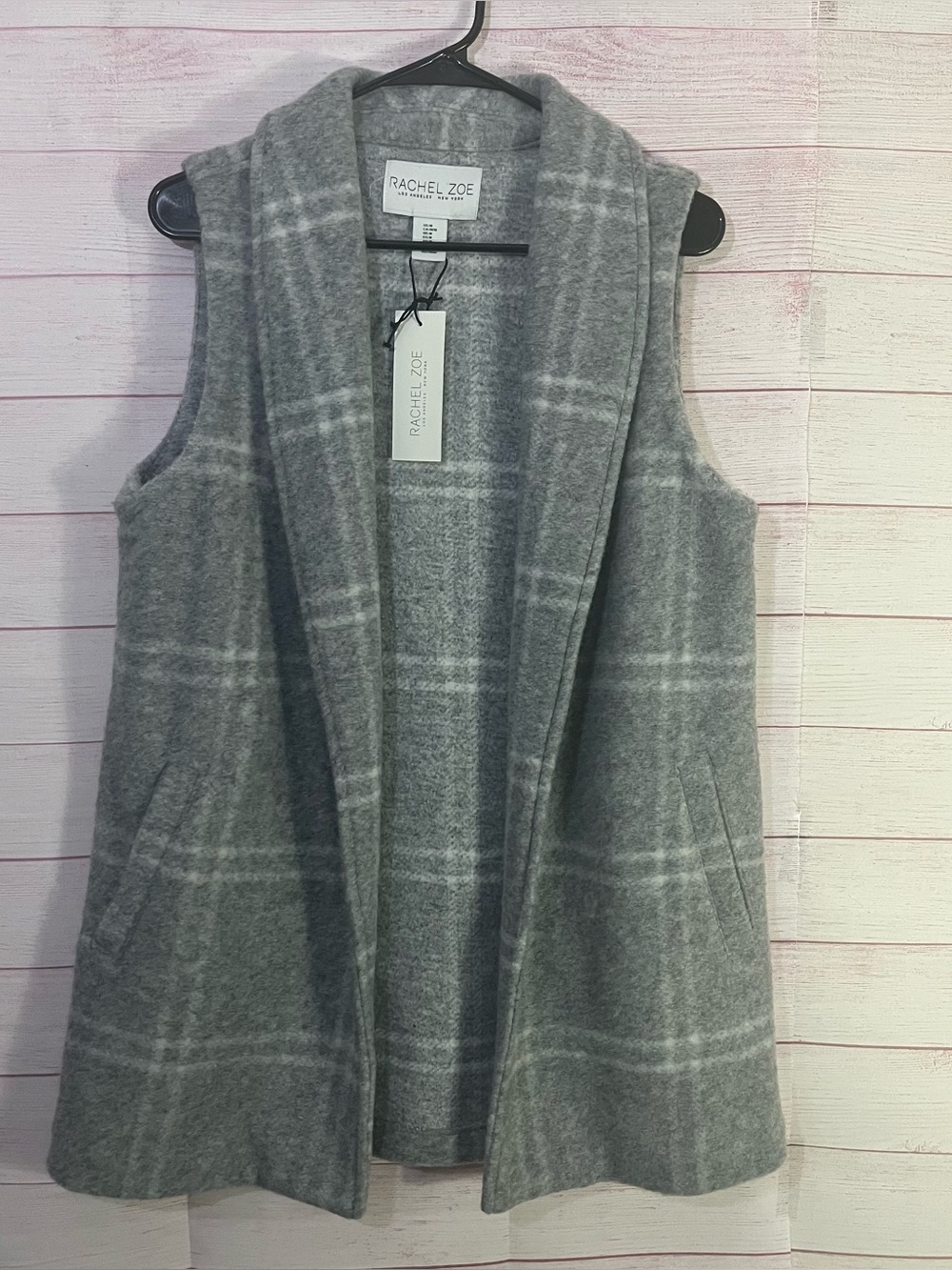 Rachel Zoe NEW Gray Wool Blend Plaid Open Front Pocket Vest Medium